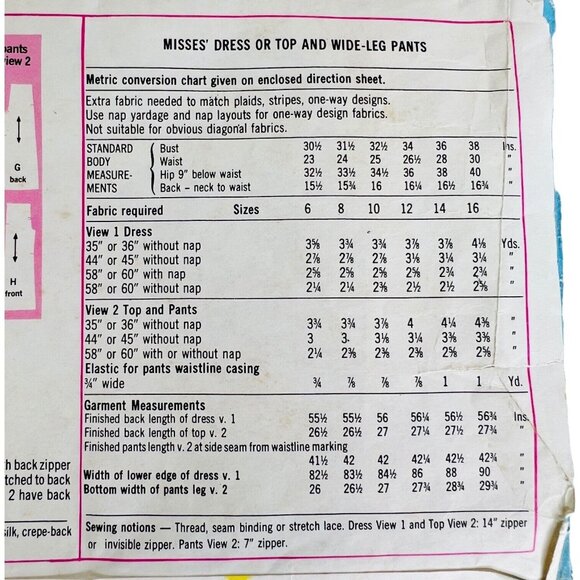 1975 Simplicity Sewing Pattern 6980 Summer Dress Top Wide Leg Pant Size 14 Uncut - Picture 6 of 6